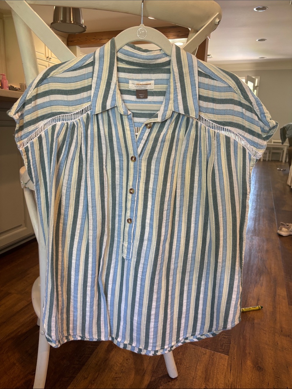 Anthropologie Striped Button Front Top in Blue, Green & Cream